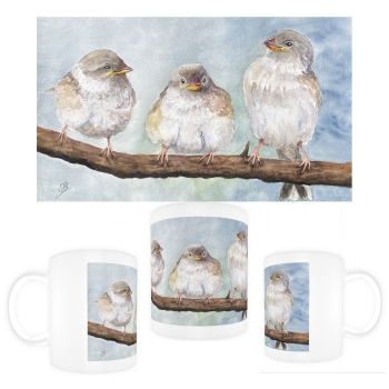 Tasse Becher Kaffeebecher Aquarell Kunst Druck Kunstdruck Spatz Vogel Frühling Vögel Ast Spatzen
