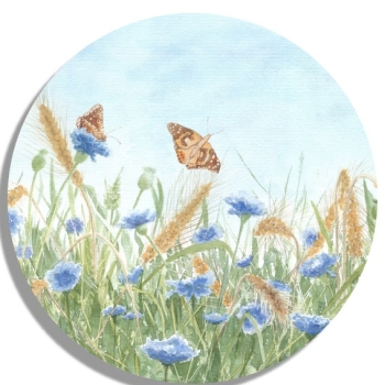 Untersetzer Glasuntersetzer rund 9,5 cm Aquarell Kunst Druck Kunstdruck Schmetterlinge Blumen Blumenwiese Wiese Schmetterling