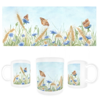 Tasse Becher Kaffeebecher Aquarell Kunst Druck Kunstdruck Schmetterlinge Blumen Blumenwiese Wiese Schmetterling