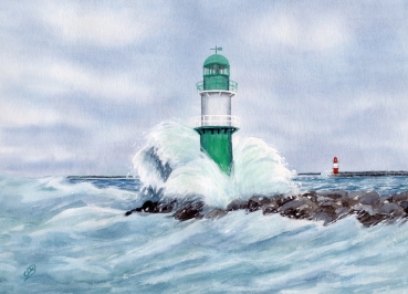 Folienmagnet Aquarell Maritim Kunst Druck Kunstdruck Ostsee Leuchtturm Warnemünde Westmole grün Mole Molenfeuer  Rostock