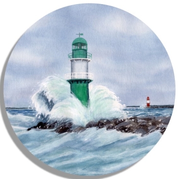 Untersetzer Glasuntersetzer rund 9,5 cm   Aquarell Maritim Kunst Druck Kunstdruck Ostsee Leuchtturm Warnemünde Westmole grün Mole Molenfeuer  Rostock