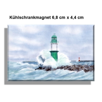 Kühlschrankmagnet  Aquarell Maritim Kunst Druck Kunstdruck Ostsee Leuchtturm Warnemünde Westmole grün Mole Molenfeuer  Rostock