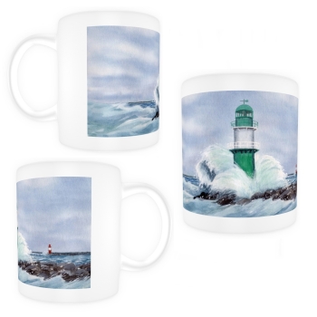 Tasse Becher Kaffeebecher Aquarell Maritim Kunst Druck Kunstdruck Ostsee Leuchtturm Warnemünde Westmole grün Mole Molenfeuer  Rostock
