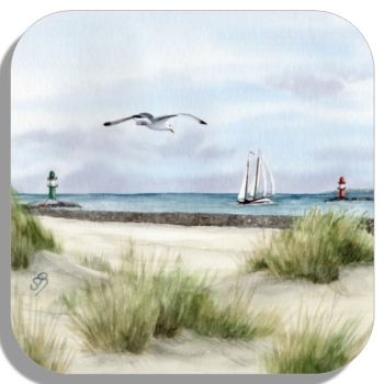 Untersetzer Glasuntersetzer 9,5 x 9,5 cm  Aquarell Maritim Kunst Druck Kunstdruck Ostsee Leuchtturm Warnemünde West- und Ostmole Mole Molenfeuer  Rostock