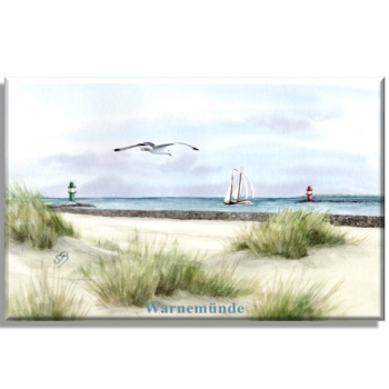 Leinwand 30 x 20 cm Keilrahmen Canvas-Leinen Aquarell Maritim Kunst Druck Kunstdruck Ostsee Leuchtturm Warnemünde West- und Ostmole  Mole Molenfeuer Rostock