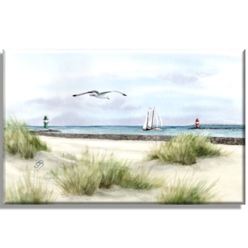 Leinwand 30 x 20 cm Keilrahmen Canvas-Leinen Aquarell Maritim Kunst Druck Kunstdruck Ostsee Leuchtturm Warnemünde West- und Ostmole  Mole Molenfeuer Rostock