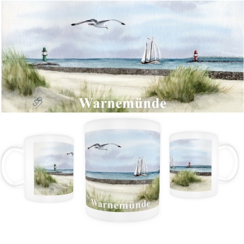 Tasse Becher Kaffeebecher Aquarell Maritim Kunst Druck Kunstdruck Ostsee Leuchtturm Warnemünde West- und Ostmole Mole Molenfeuer  Rostock