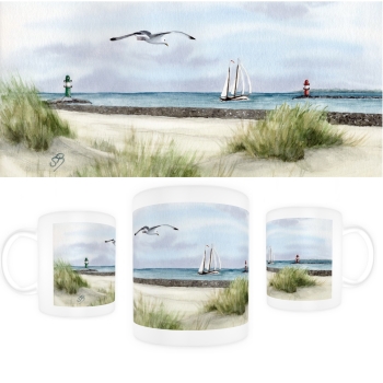 Tasse Becher Kaffeebecher Aquarell Maritim Kunst Druck Kunstdruck Ostsee Leuchtturm Warnemünde West- und Ostmole Mole Molenfeuer  Rostock