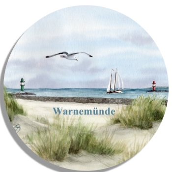 Untersetzer Glasuntersetzer rund 9,5 cm   Aquarell Maritim Kunst Druck Kunstdruck Ostsee Leuchtturm Warnemünde West- und Ostmole Mole Molenfeuer  Rostock