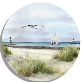 Untersetzer Glasuntersetzer rund 9,5 cm   Aquarell Maritim Kunst Druck Kunstdruck Ostsee Leuchtturm Warnemünde West- und Ostmole Mole Molenfeuer  Rostock
