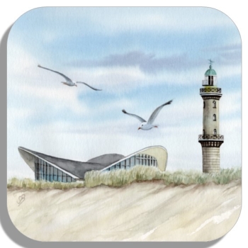 Coasters glass coasters 9,5 x  9,5 cm Watercolor Maritime Art Print Baltic Sea lighthouse Warnemünde Rostock Ocean Dunes teapot Seagulls WA11