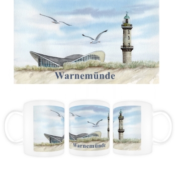 Tasse Becher Kaffeebecher Aquarell Maritim Kunst Druck Kunstdruck Ostsee Leuchtturm Warnemünde Rostock Teepott Möwen WA11