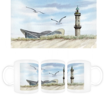 Cup Coffee Cup Mug Watercolor Maritime Art Print Baltic Sea lighthouse Warnemünde Rostock Ocean Dunes teapot Seagulls WA11