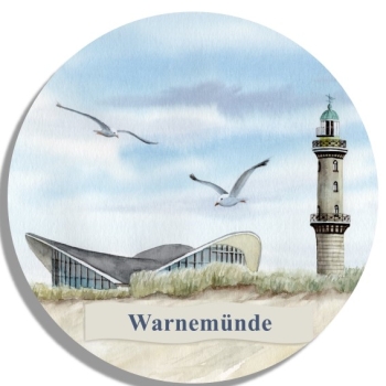 Untersetzer Glasuntersetzer rund 9,5 cm   Aquarell Maritim Kunst Druck Kunstdruck Ostsee Leuchtturm Warnemünde Rostock Teepott Möwen WA11