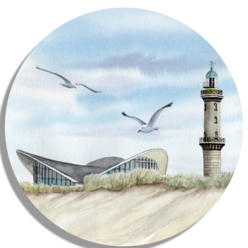 Coasters glass coasters 9,5 x  9,5 cm Watercolor Maritime Art Print Baltic Sea lighthouse Warnemünde Rostock Ocean Dunes teapot Seagulls WA11
