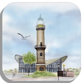 Coasters glass coasters 9,5 x  9,5 cm Watercolor Maritime Art Print Baltic Sea lighthouse Warnemünde Rostock Ocean Dunes