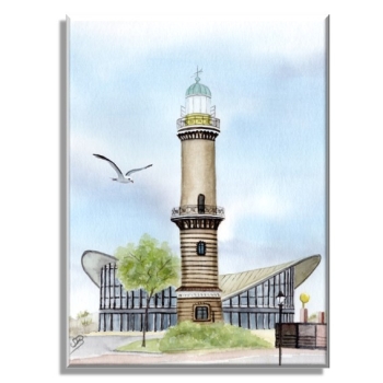 Stretcher frame canvas 30 x 20 cm linen  Watercolor Maritime Art Print Baltic Sea lighthouse Warnemünde Rostock Ocean Dunes
