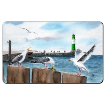 Frühstücksbrettchen Brettchen Aquarell Maritim Kunst Druck Kunstdruck Ostsee Leuchtturm Warnemünde Westmole grün Mole Molenfeuer  Rostock