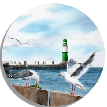 Untersetzer Glasuntersetzer rund 9,5 cm   Aquarell Maritim Kunst Druck Kunstdruck Ostsee Leuchtturm Warnemünde Westmole grün Mole Molenfeuer  Rostock