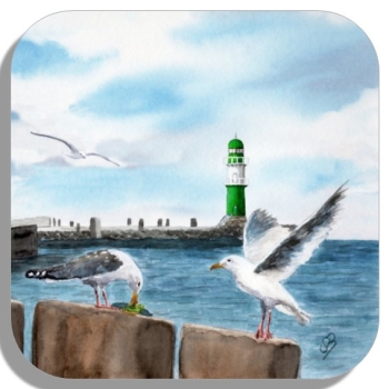 Untersetzer Glasuntersetzer 9,5 x 9,5 cm  Aquarell Maritim Kunst Druck Kunstdruck Ostsee Leuchtturm Warnemünde Westmole grün Mole Molenfeuer  Rostock