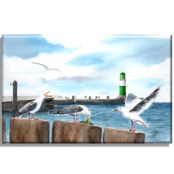 Leinwand 30 x 20 cm Keilrahmen Canvas-Leinen Aquarell Maritim Kunst Druck Kunstdruck Ostsee Leuchtturm Warnemünde Westmole grün Mole Molenfeuer Rostock