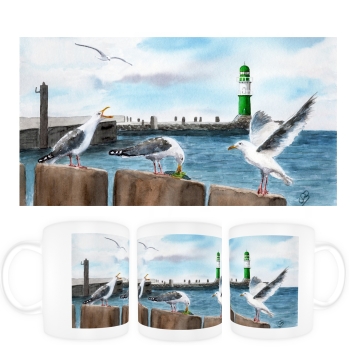 Tasse Becher Kaffeebecher Aquarell Maritim Kunst Druck Kunstdruck Ostsee Leuchtturm Warnemünde Westmole grün Mole Molenfeuer  Rostock