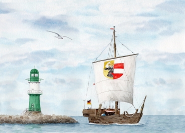 Postkarte DIN-A6 Aquarell Maritim Kunst Druck Kunstdruck Ostsee Leuchtturm Warnemünde Westmole grün Mole Molenfeuer Rostock