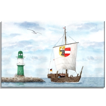 Leinwand 30 x 20 cm Keilrahmen Canvas-Leinen Aquarell Maritim Kunst Druck Kunstdruck Ostsee Leuchtturm Warnemünde Westmole grün Mole Molenfeuer Rostock