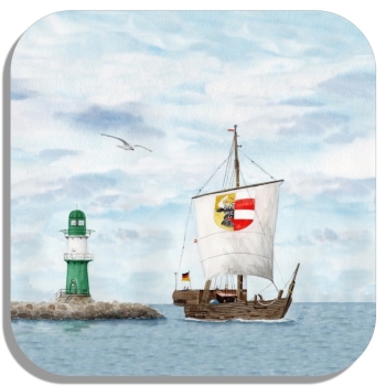 Untersetzer Glasuntersetzer 9,5 x 9,5 cm  Aquarell Maritim Kunst Druck Kunstdruck Ostsee Leuchtturm Warnemünde Westmole grün Mole Molenfeuer  Rostock