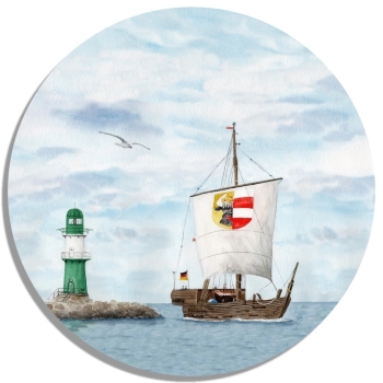 Untersetzer Glasuntersetzer rund 9,5 cm   Aquarell Maritim Kunst Druck Kunstdruck Ostsee Leuchtturm Warnemünde Westmole grün Mole Molenfeuer  Rostock