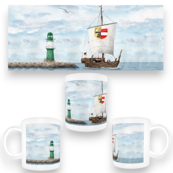 Tasse Becher Kaffeebecher Aquarell Maritim Kunst Druck Kunstdruck Ostsee Leuchtturm Warnemünde Westmole grün Mole Molenfeuer  Rostock