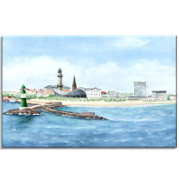 Stretcher frame canvas 30 x 20 cm linen  Watercolor Maritime Art Print Baltic Sea lighthouse Warnemünde - Panorama - WA15