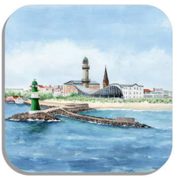 Coasters glass coasters 9,5 x  9,5 cm Watercolor Maritime Art Print Baltic Sea lighthouse Warnemünde - Panorama - WA15