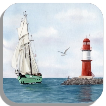 Untersetzer Glasuntersetzer 9,5 x 9,5 cm  Aquarell Maritim Kunst Druck Kunstdruck Ostsee Leuchtturm Warnemünde ostmole rot Mole Molenfeuer  Rostock