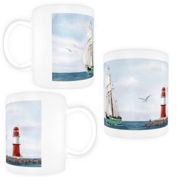 Tasse Becher Kaffeebecher Aquarell Maritim Kunst Druck Kunstdruck Ostsee Leuchtturm Warnemünde Ostmole rot Mole Molenfeuer  Rostock
