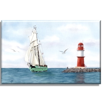 Leinwand 30 x 20 cm Keilrahmen Canvas-Leinen Aquarell Maritim Kunst Druck Kunstdruck Ostsee Leuchtturm Warnemünde Ostmole rot  Mole Molenfeuer Rostock