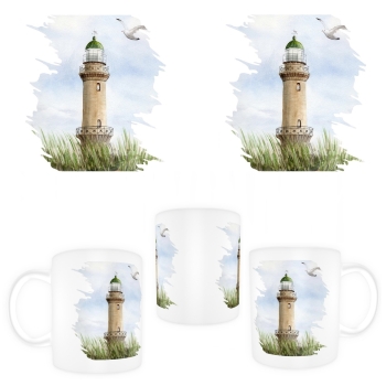 Cup Coffee Cup Mug Watercolor Maritime Art Print Baltic Sea lighthouse Warnemünde Rostock Ocean Dunes