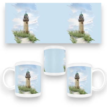 Tasse Becher Kaffeebecher Aquarell Maritim Kunst Druck Kunstdruck Ostsee Leuchtturm Warnemünde Rostock