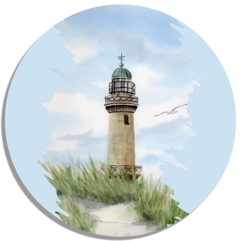 Untersetzer Glasuntersetzer rund 9,5 cm   Aquarell Maritim Kunst Druck Kunstdruck Ostsee Leuchtturm Warnemünde Rostock