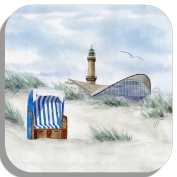 Coasters glass coasters 9,5 x  9,5 cm Watercolor Maritime Art Print Baltic Sea lighthouse Warnemünde Rostock Ocean Dunes teapot beach chair WA6