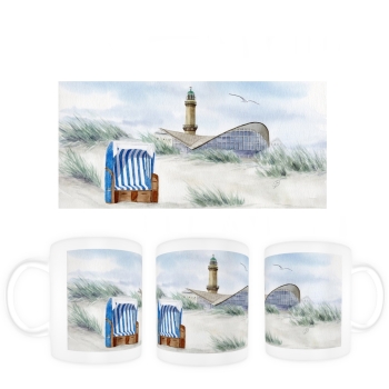 Cup Coffee Cup Mug Watercolor Maritime Art Print Baltic Sea lighthouse Warnemünde Rostock Ocean Dunes teapot beach chair WA6