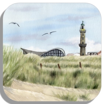 Untersetzer Glasuntersetzer 9,5 x 9,5 cm  Aquarell Maritim Kunst Druck Kunstdruck Ostsee Leuchtturm Warnemünde Rostock Teepott Düne WA9