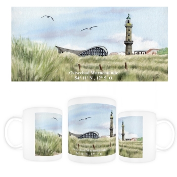 Tasse Becher Kaffeebecher Aquarell Maritim Kunst Druck Kunstdruck Ostsee Leuchtturm Warnemünde Rostock Teepott Düne WA9