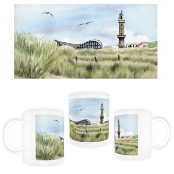 Tasse Becher Kaffeebecher Aquarell Maritim Kunst Druck Kunstdruck Ostsee Leuchtturm Warnemünde Rostock Teepott Düne WA9