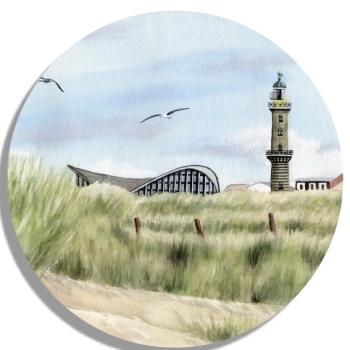 Untersetzer Glasuntersetzer rund 9,5 cm   Aquarell Maritim Kunst Druck Kunstdruck Ostsee Leuchtturm Warnemünde Rostock Teepott Düne WA9