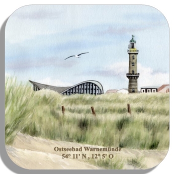 Untersetzer Glasuntersetzer 9,5 x 9,5 cm  Aquarell Maritim Kunst Druck Kunstdruck Ostsee Leuchtturm Warnemünde Rostock Teepott Düne WA9