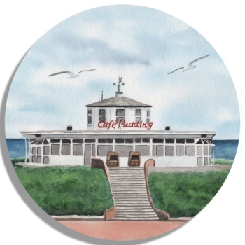Untersetzer Glasuntersetzer rund 9,5 cm Aquarell Maritim Kunst Druck Kunstdruck Nordsee Insel Wangerooge Café Pudding - WG4