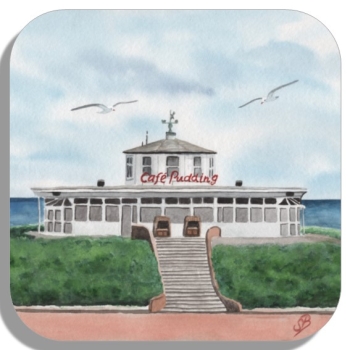 Untersetzer Glasuntersetzer 9,5 x 9,5 cm Aquarell Maritim Kunst Druck Kunstdruck Nordsee Insel Wangerooge Café Pudding - WG4