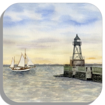 Untersetzer Glasuntersetzer 9,5 x 9,5 cm Aquarell Maritim Kunst Druck Kunstdruck Nordsee Wilhelmshaven Leuchtturm Mole Molenfeuer