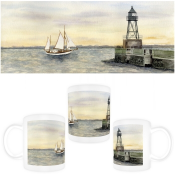 Tasse Becher Kaffeebecher Aquarell Maritim Kunst Druck Kunstdruck Nordsee Wilhelmshaven Leuchtturm Mole Molenfeuer